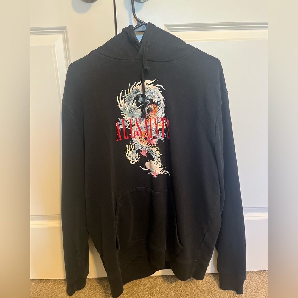 All Saints Black Hoodie with Dragon and Red Accents
